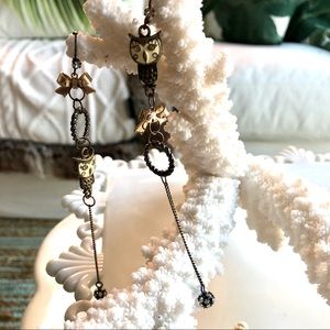 Betsey Johnson Black Chain Rhinestones & Owl Charm Earrings